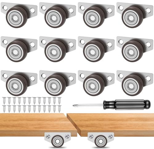 Small Side Mount Caster Wheels, Mini Low Profile Casters Set of 12 with Screws and Screwdriver, Quiet Rubber Drawer Rollers for Wooden Furniture, Underbed Storage, Trays, DIY Projects (1 inch)