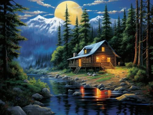 Frizlryem Diamond Painting Landschaft, 5D Diamant Malerei Set für Erwachsene, DIY Diamond Painting Bilder Wald Haus, Mosaikherstellung Bastelset, Geschenk für Home Wand Décor 30x40cm