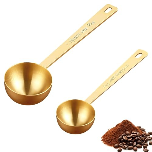 2Pcs Gold Stainless Steel Tablespoon Coffee Measuring Spoon, 15ml and 30ml | Coffee Scoop Measuring Spoons Set, Long Handle Coffee Spoon for Ground Coffee, Tea, Powder & Spices