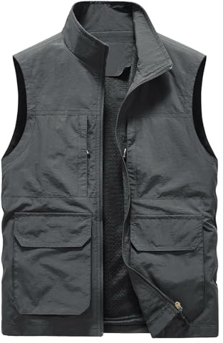 Generico Gilet Casual Leggero Outdoor per Uomini, per Lavoro, Pesca, Fotografia, Viaggi e Golf, a Cerniera, Senza Maniche, con Tasche(1F-Grey, XXXXL)