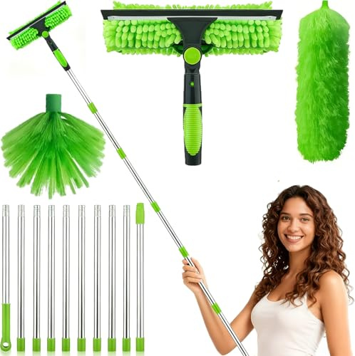 Fensterreinigungsbürste, 500 cm, 3-in-1, Teleskop-Wolfkopf, Fensterwischer + Spinnenbürste + Staubwedel aus Fasern, Deckenbesen für den täglichen Haushalt, Autoscheiben und hohe Scheiben