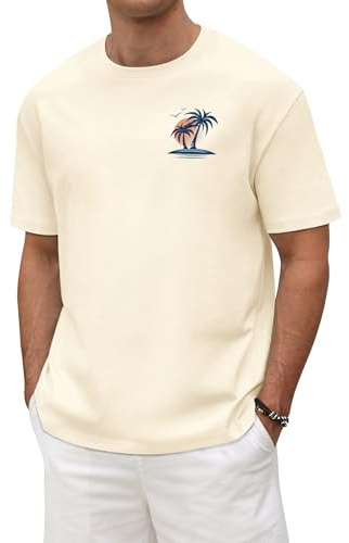 Xnova Mens Cotton T-Shirts Summer Short Sleeve Loose Fit Tops for Men Adult Graphic Tee Shirts Sunset Palm Tree Casual Crew Neck Baggy Tshirts for Beach Holiday, Beige, L
