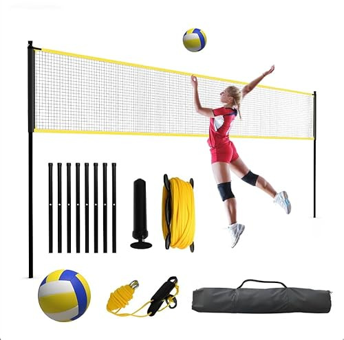 Garvee Volleyballnetz-Set, Höhenverstellbares Outdoor-Trainingsnetz, Robustes Trainingsgerät mit Tragetasche, Einfacher Aufbau für Drinnen, Draußen, Strand und Garten, 9,75 m (32 FT)