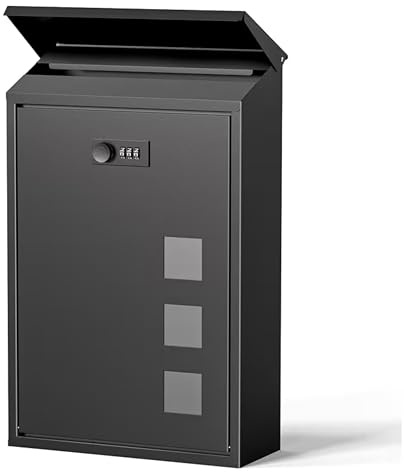 MODOVO Wall Mounted Black Post Box 40×25×10 cm Waterproof Lockable Letter Box Galvanised Steel Mailbox with Nameplate Viewing Windows Modern Outdoor Post Box for Home & Office (Combination Lock)