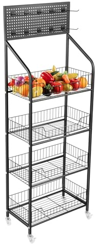 BZYFJB Estantería para aperitivos de 4 pisos para cocina, estantería de exhibición de frutas y verduras, supermercado, alta capacidad de carga, estable, ajustable, con ruedas y ganchos, para cocina y