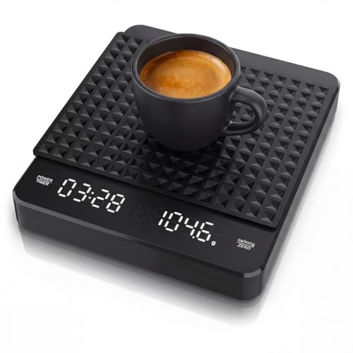 digitale Baristawaage Kaffeewaage – Küchenwaage fein – mit Timer-Funktion – bis zu 3 kg in 0,1 g Auflösung – hohe Präzision – LED-Display – g, oz, ml – Küchenwaage für Kaffee Tee Gewürze Backzutaten