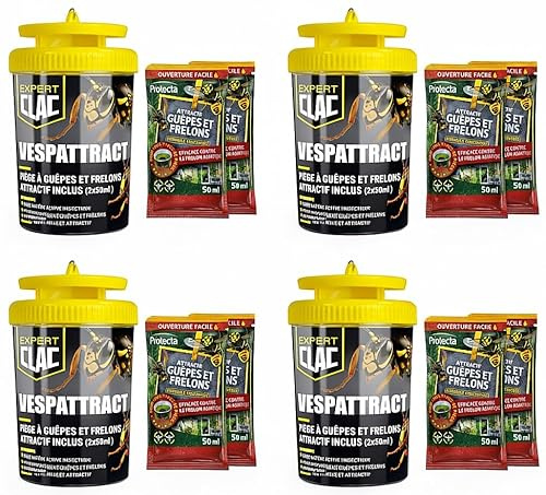 PROTECTA Piège à Guêpes et Frelon Asiatique – 2 Pièges Réutilisables avec 4 Recharges d'Attractif 50ML – Sans Insecticide – Action Durable pour Extérieur et Balcon