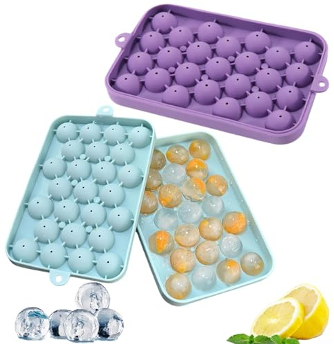 Set of 2 Round Ice Cube Moulds, Ice Cube Tray with Lid, Silicone Ice Cube Moulds, Ice Cube Trays Silicon,Ice Ball Mould for The Freezer – Perfect for Whisky, Cocktails and Juice (50 Ice Balls)
