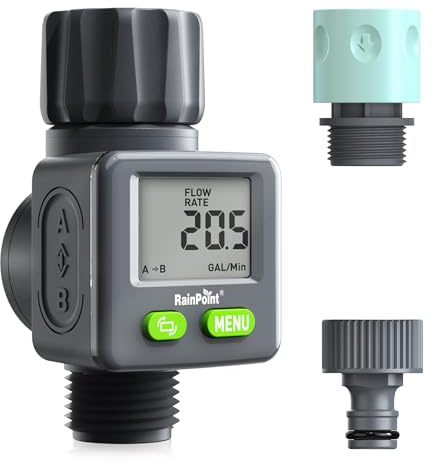RAINPOINT Medidor de Agua para Jardín, Pantalla Giratoria de 180°, Caudalímetro Digital Preciso con 4 Modos de Medición, Ideal para Mangueras, Piscinas y Autocaravanas