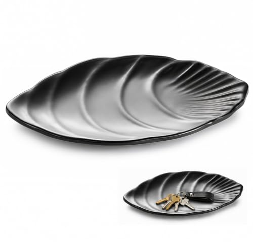 Cuxawamiyo Bandeja para Llaves con diseño de Hoja en Negro, Elegante vaciabolsillos y Bandeja Decorativa para recibidor, salón, Mesa y hogar 25 x 15,5 x 2 cm