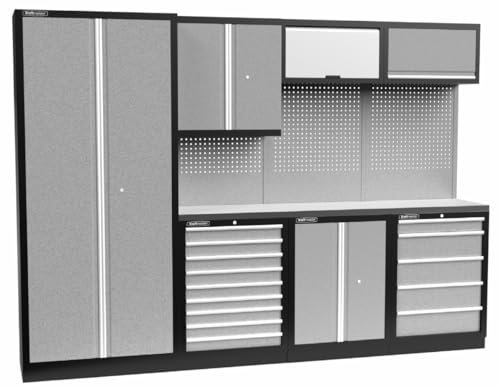 Kraftmeister Werkstatteinrichtung - Männerküche mit 14 Schubladen und 5 Schränken - Werkzeugschrank, Garage - modulares Werkbank mit Edelstahl Arbeitsplatte und Werkzeugwand - Grau