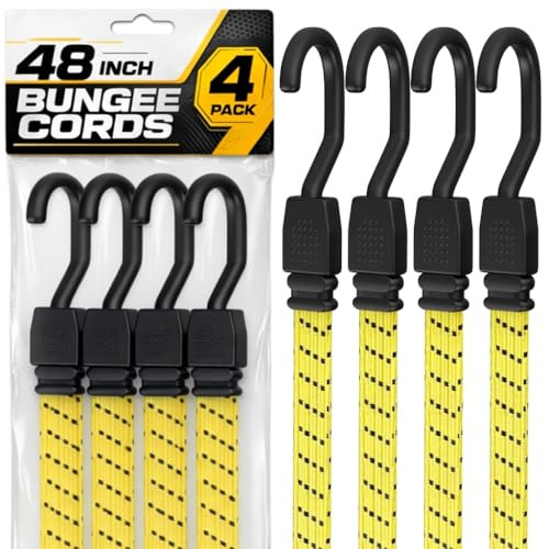 Houseables Long Bungee Cords with Hooks, Heavy Duty Bungee Cords, Dolly Straps, Elastic Tie Down Straps, Moving Rope, Rope with Hook, Soga Para Amarrar, Flat Rubber, Truck, Outdoor, 48 Inch, 4FT, 4 PK