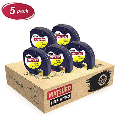 Matsuro Original | Kompatibel Kunststoff-Etiketten Schriftband Ersatz für DYMO LetraTag 91202 91222 S0721670 S0721620 Schwarz auf Gelb (12 mm x 4 m | 5-er PACK)