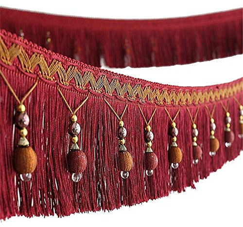 Yalulu Cinta trenzada de 4 yardas con cuentas trenzadas de tipo europeo para colgar, borlas, flecos, cinta para cortina, mesa, accesorios para el hogar, decoración de bricolaje (rojo oscuro)