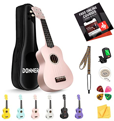 Donner Sopran Ukulele Kit 21 Zoll, DMU-01 Macaron Series Matte Hawaii Gitarre für Anfänger (Rosa)