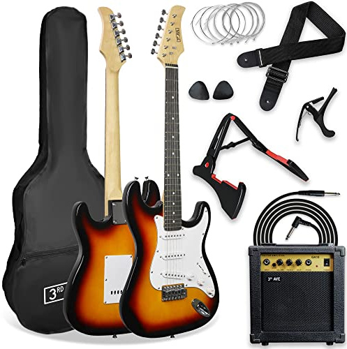 3rd Avenue XF Full Size 4/4 E-Gitarre Ultimate Kit Mit 10-W-Verstärker, Digitalem Stimmgerät, Kabel, Ständer, Gigbag, Gurt, Ersatzsaiten, Plektren, Kapodaster - Sunburst
