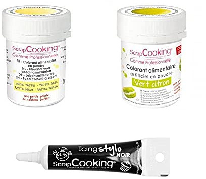 2 coloranti alimentari in polvere verde lime-giallo pastello + penna per glassa nera