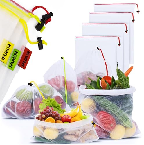 15-Pack Reusable Produce Bags – Heavy Duty Washable Mesh Grocery & Vegetable Bags with Drawstring, Eco-Friendly for Fruits, Food, Toys & Travel Storage