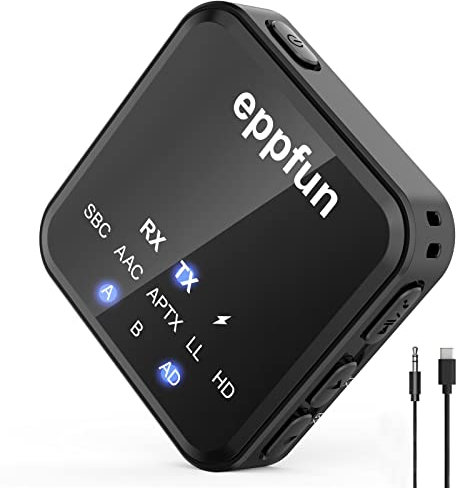 eppfun 3046C Trasmettitore Ricevitore Bluetooth 5.2 per TV, APTX-Adaptive Audio Adattatore Bluetooth jack 3.5mm per 2 Cuffie/Aereo/PC/Impianto Stereo