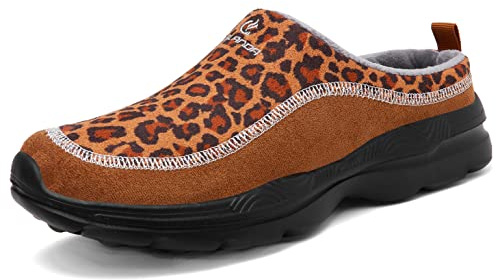 CELANDA Sabots herr träskor dam slip-on trädgårdsskor varma fritidsskor lätta pantoletter andas tofflor utomhus låga sneakers bak öppna, Leopardtryck, 36 EU