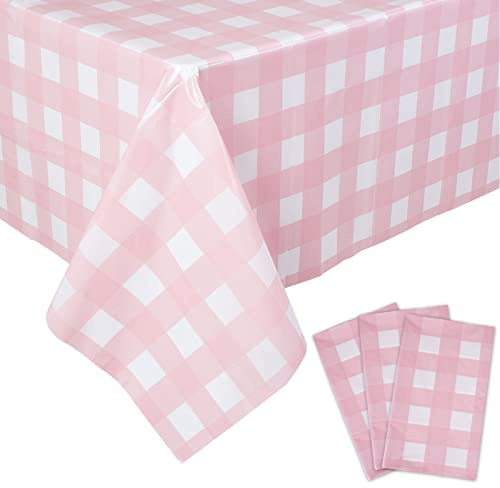 Kesfey 3 Pack Pink Gingham Plastic Tablecloths 54x108in, Disposable Checkered Rectangle Tablecloth Waterproof and Spillproof Table Covers for Party Supplies