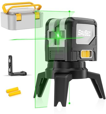 SAVSEC Grün Kreuzlinienlaser mit 2 Lotpunkten, Laser Wasserwaagen(110° H+180° V) Selbstnivellierend, Arbeitsbereich: Line:25 M/Punkt:60 M, Inkl. Handwerkerkoffer