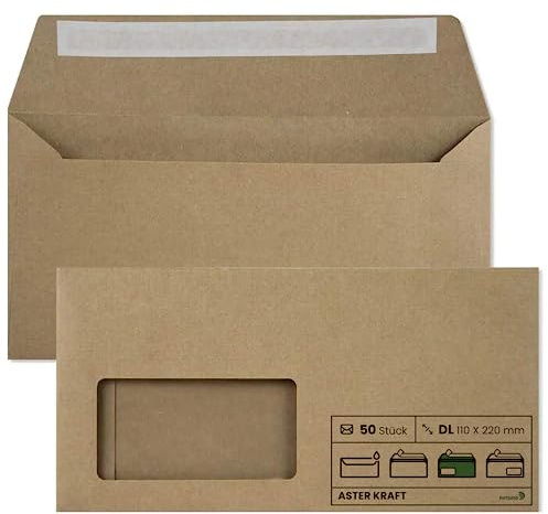 Netuno 50 Kuverts Kraftpapier Natur-Braun DIN lang 11x22 cm edel und robust | 100g Aster Kraft · feine stilvolle hochwertige sandbraune Briefumschläge für Hochzeit, Einladungen, Grußkarten & Jubiläum