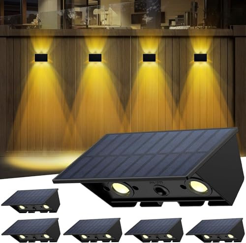 IIRARA Applique solare per esterni, nuova generazione 2025 alta e bassa applique da parete solare bianca calda 1500mAh lampada solare da parete esterna IP67 impermeabile 6 elementi 100 lumen per