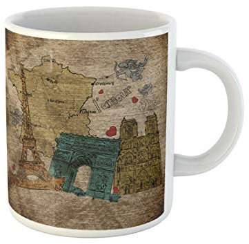 874 Tazza In Ceramica Colorato Francia Vintage Francese Motivo Mappa Viaggio Angelo Astratto Moderne Tazzine Da Caffè Particolari Tazze 330Ml Per Caffè E Tè,Donna,Lavoro