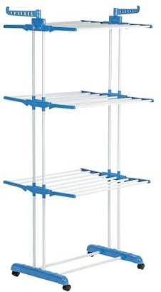 EASYmaxx Torre portabiancheria | Stendibiancheria con rotelle, lunghezza di asciugatura 16 m e 3 ripiani | 2 Ali laterali per 14 appendini | Asciugatura in casa e all'aperto | Aperto 126x63x172cm
