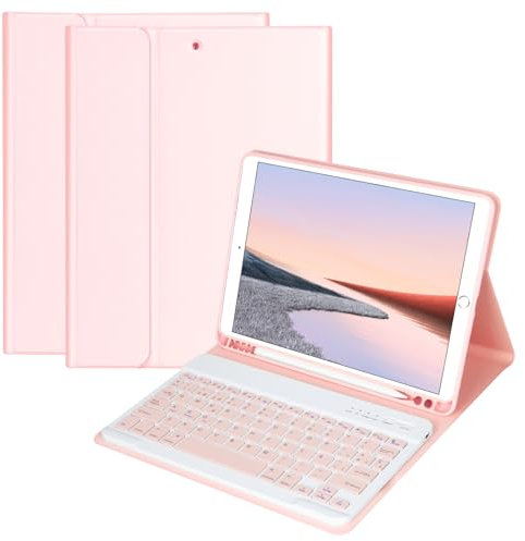 HOTLIFE Funda con Teclado para iPad 10.2 9th Gen 2021/iPad 8th 2020/iPad 7th 2019, Español Ñ con Inalámbrico Desmontable Teclado (QWERTY) para iPad Pro 10.5 2017/iPad Air 3 10.5 2019(Rosa)