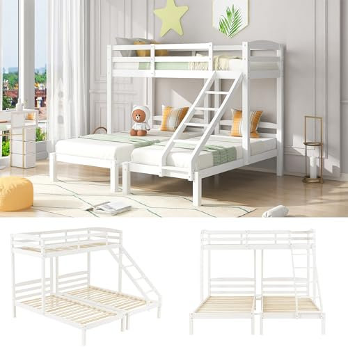 kubeier Kinderbett 90x200 cm, Kinder Dreierbett, Dreifaches Etagenbett mit Seitenleiter für 3 Kinder, Etagenbettrahmen, Spielbett, Jugendbett, Etagenbett, ohne Matratze, Weiß