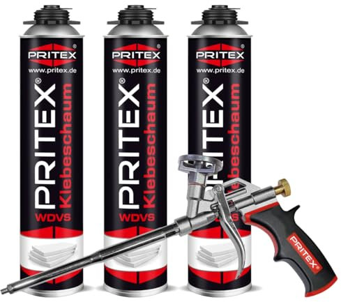 PRITEX – WDVS Klebeschaum Set 3 x 750 ml inkl. Schaumpistole zum Isolieren, Fixieren & Befestigen – Bauschaum Dämmstoffkleber mit sehr guter Haftung, geringer Nachdehnung