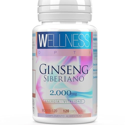WELLNESS OPTI Ginseng Siberiano - 120 Comprimidos - Energizante natural para dos Meses de Uso - Dosis diária 2,000 mg. Apoyo a tu Actividad Diaria y Rendimiento Mental - Sin Estimulantes Artificiales