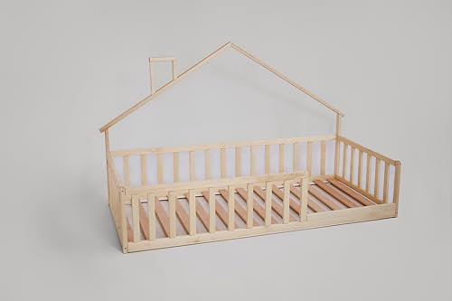 HOMEforDREAMS Kleinkind-Bodenbett mit Dach H4D-51: Montessori-Inspiriertes Design (Naturholz, 190x140cm)