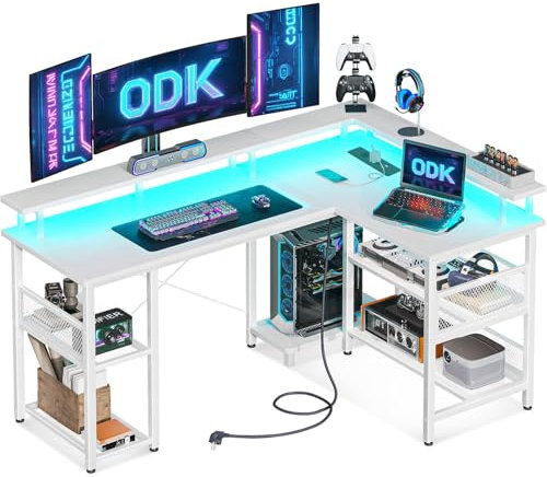 ODK Gaming Tisch mit LED, Reversibel Gaming Schreibtisch mit 2 Steckdosen & 2 USB-Ladeanschlüssen, Eckschreibtisch Groß mit Netzablage, Weiß 150×102cm