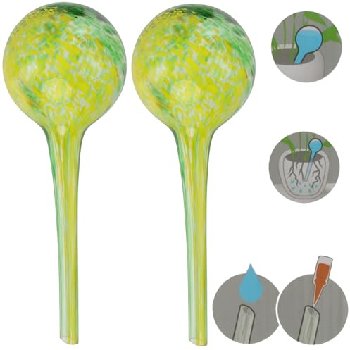 Lot de 2 distributeurs d'eau en verre pour plantes en pot, sphériques, ronds, diamètre : 6 cm, couleur : vert/jaune, 100 ml, moderne, conditions domestiques, pour pots, fleurs, régulation de l'eau