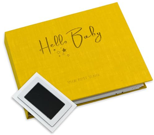 LOVE ON Baby Memory Book with Free Inkless Hand & Footprint Kit - First 5 Years Baby Journal with Elegant Linen Cover & Embossed Gold Foil - Inclusive of All Family Types (Stars)