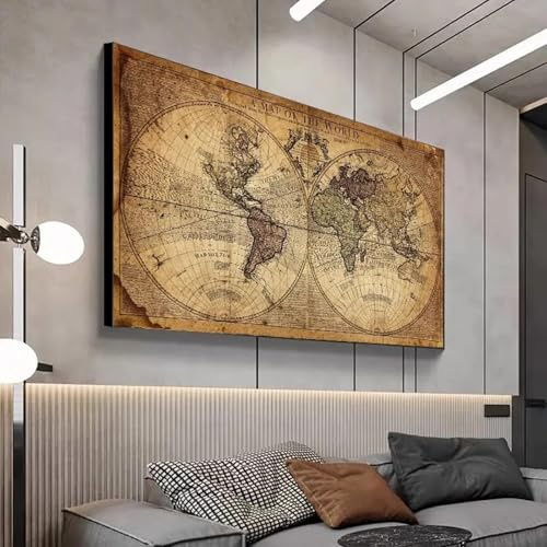 Mapa vintage del mundo, cuadro antiguo retro, pintura en lienzo para sala de estar, impresiones de carteles, decoración de arte de pared para estudio en casa, 50x100cm sin marco