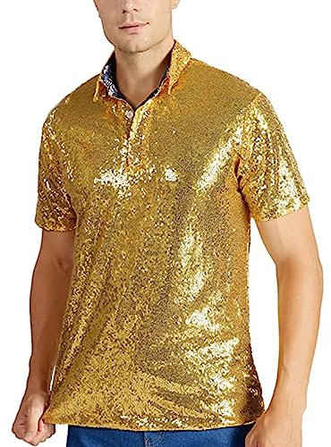 Herren 70Er Pailletten Hemd Disco Party Oberteile Nightclub Glitzer Poloshirts Luxus Glänzend Kleid Hemden Slim Fit Kurzarm Hipster Stil Freizeithemd Silber Solid Color Herrenhemden