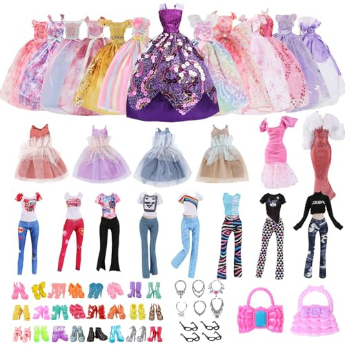 Ensemble de 28 vêtements pour poupées Filles, Accessoires pour poupées, Robes de mariée, Robes de soirée, Costumes Tendance, Chaussures, Colliers, Sacs à Main, Style poupées de 11,5 Pouces（aléatoire）