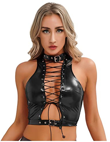 Kaerm Lack läderskjorta damer sexig klippning party klubb topp crossover snörning behå topp glitter magfrie undertröja Gogo dans rave kläder, svart, S