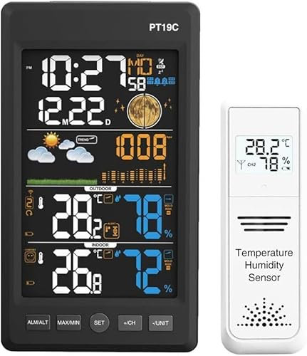 Estación meteorológica inalámbrica para interiores y exteriores con alerta y reloj despertador con temperatura, humedad, barometría, pronóstico, fase lunar y pantalla LCD con sensor para exteriores pa