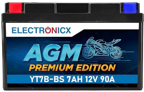 Electronicx AGM motorcykelbatteri YT7B-BS 12V 7Ah 90A – underhållsfritt & förseglat startbatteri – kompakt powersportbatteri – läckagesäkert, vibrationsresistent – scooter, fyrhjuling, MC