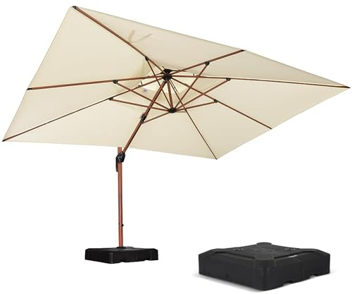 PURPLE LEAF Parasol Déporté 3 x 4 m avec Pied Aluminium Aspect Bois, Crème | Mât en aluminium à fini bois teck: style universel, atmosphère chaleureuse, Mât Renforcé Ø10,2 cm Parasol de jardin extérieur