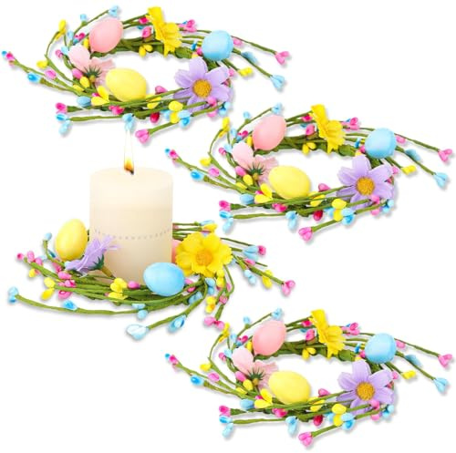 MARFOREVER Ostern Kerzenringe, 4 Stück Ostern Eukalyptus Kerzenkranz Künstliche Frühlingskranz Osterkranz Kerzen Kranz Tisch Kerzenkranz Kerzenhalter für Osterdeko Tischdeko Landhaus Deko