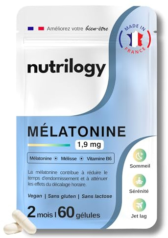 Mélatonine 1,9 mg - Mélisse & Vitamine B6-2 Mois- Sommeil Réparateur | Sommeil Réparateur et un Endormissement Rapide & JetLag - 60 Gélules | Complément Alimentaire Vegan & Fabriqué en France