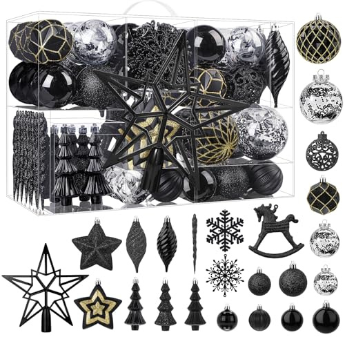 SHareconn 100 Stück Weihnachtskugeln Kunststoff Set, Bruchsicher Christbaumkugeln mit Haken, Weihnachtsbaum Kugeln Deko in verschiedenen Größen und Ausführungen, Weihnachtsdeko Aussen Innen, Schwarz