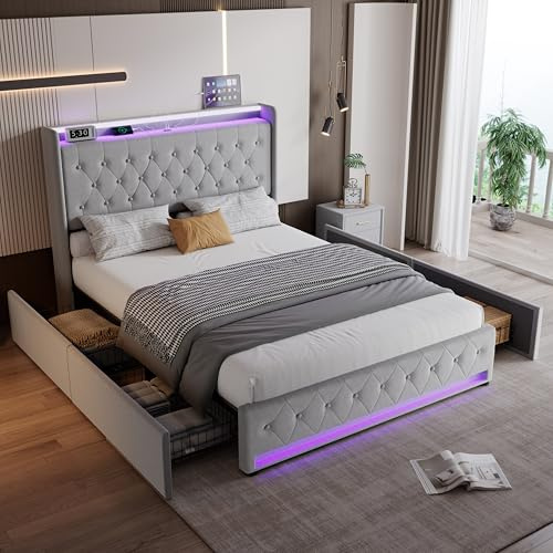 LTGB Upholstered Bed, 4ft6 Double Bed 135x190cm, Storage Bed, Soft Backrest, 4 Drawers, With Light Strips, With Charging Socket, with Slats, For Adults & Teenagers, Velvet, Grey
