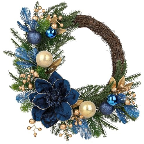 Weihnachtskranz Ø 60,9 cm – Handgefertigte Künstliche Türdekoration mit Kunstblumen, Christbaumkugeln & Tannenzweigen – Luxuriöse Weihnachtsdeko für Innen & Außen, Blau-Gold